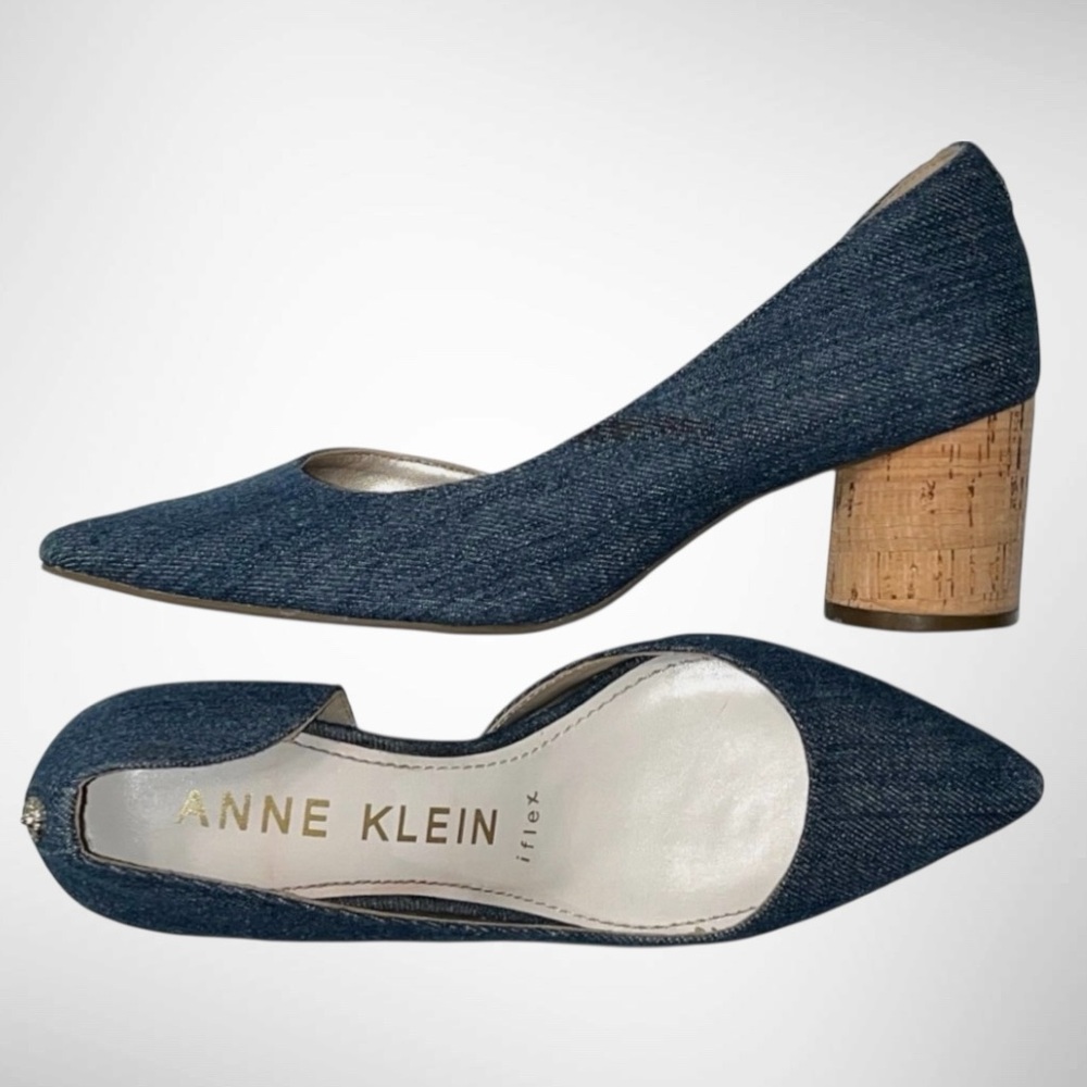 ANNE KLEIN IFLEX INDIGO BLUE DENIM AKNECESSITY DORSAY CORK HEEL- 10